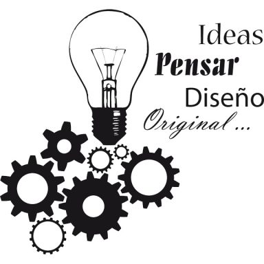 Lámpara de luz acompañada de engranajes, con las palabras "Ideas", "Pensar", "Diseño" y "Original".